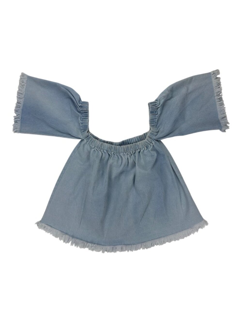 J.O.A. Off the Shoulder Frayed Denim Top Women's Size M Light Wash RARE Boho EUC - Picture 6 of 13